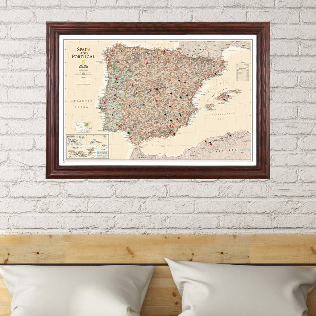 Executive Spain and Portugal Push Pin Travel Map in Solid Wood Cherry Frame