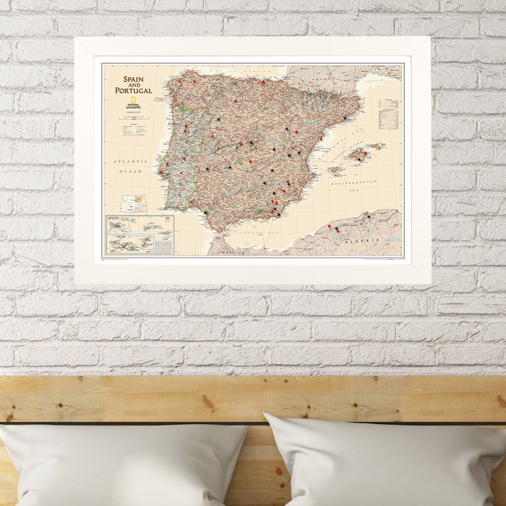Executive Spain and Portugal Push Pin Travel Map in Textured White Frame