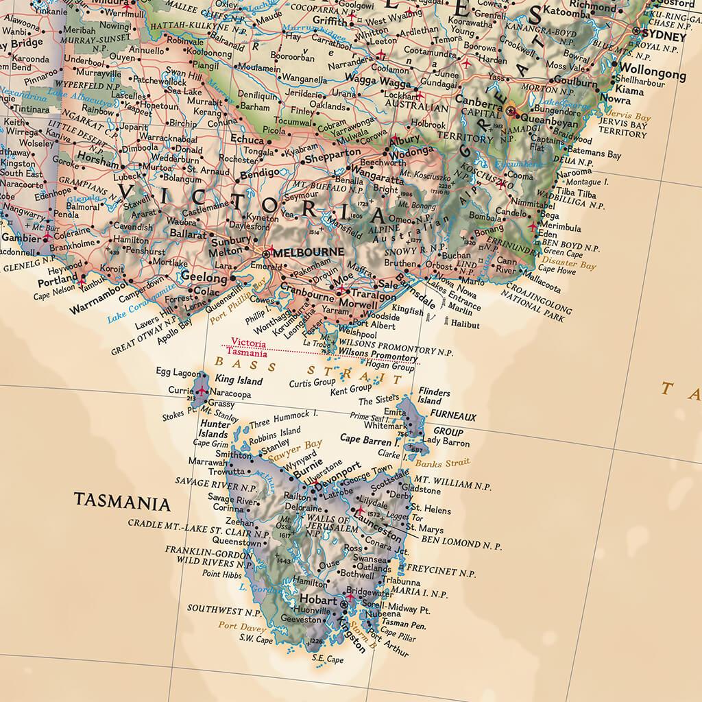 Canvas Executive Australia Push Pin Wall Map Close-up