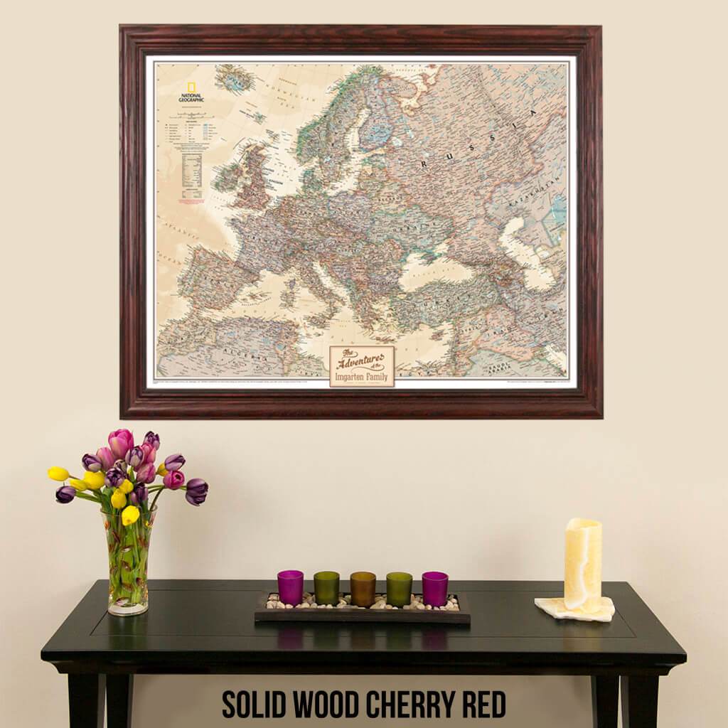 Canvas Executive Europe Push Pin Travel Wall Map solid wood cherry frame