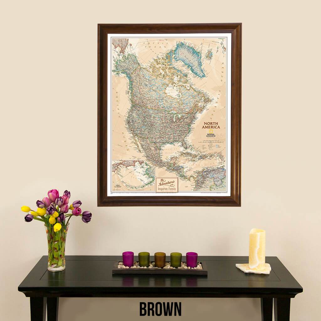 Canvas Executive North America Push Pin Travel Map Brown Frame