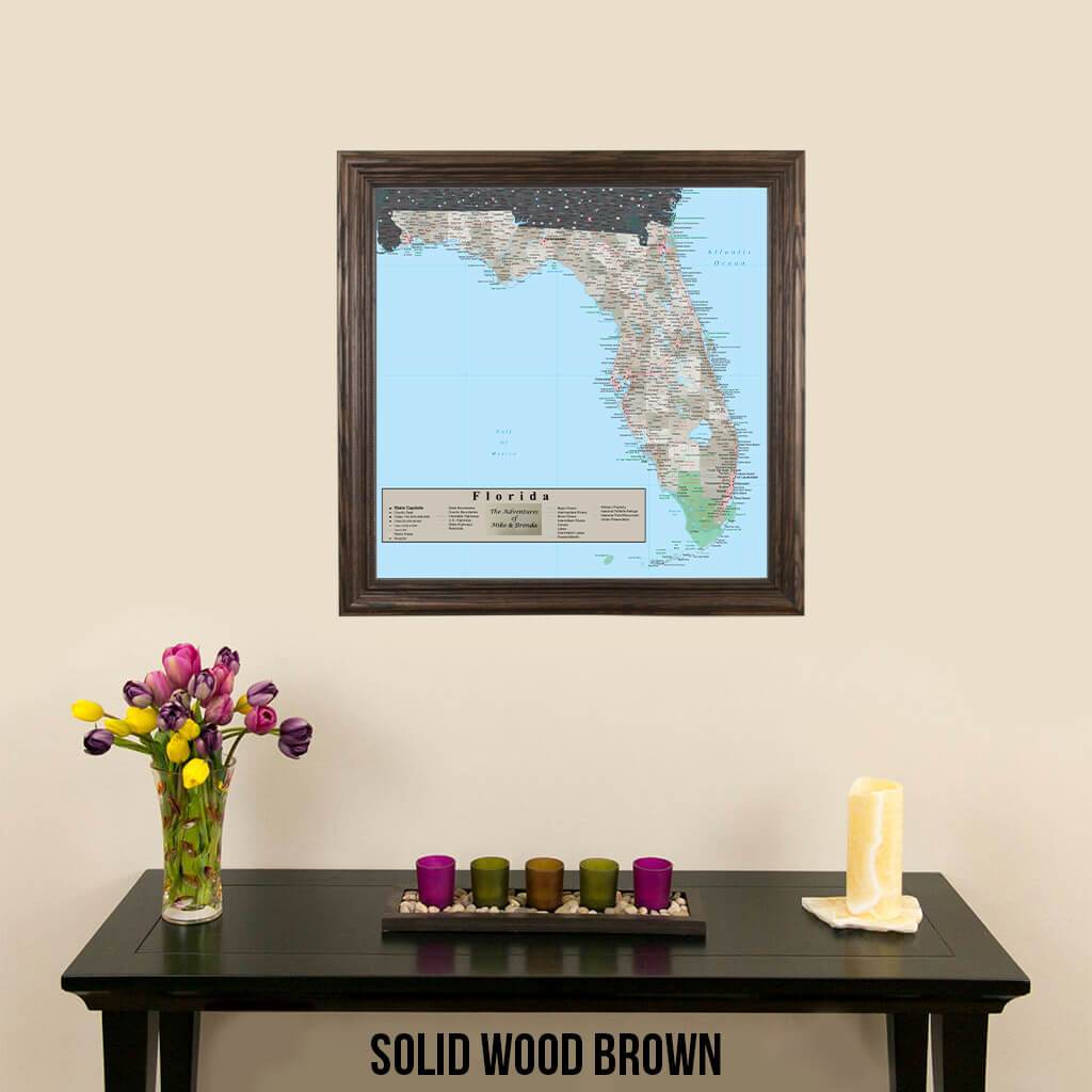 Earth Toned Florida State Map Solid Wood Brown Frame