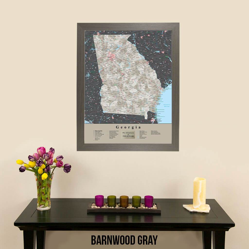 Earth Toned Georgia State Travel Map Barnwood Gray Frame