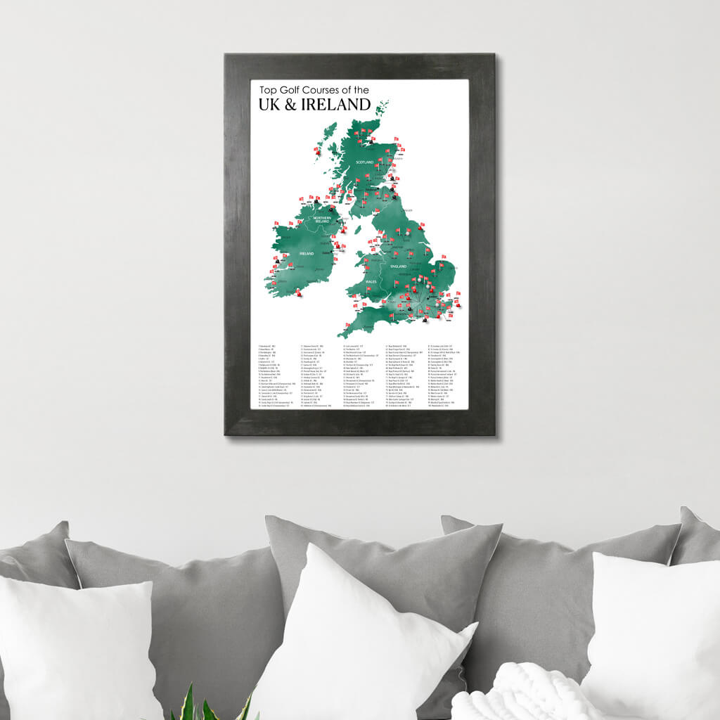 Canvas Map of Top Golf Courses of the UK & Ireland in Rustic Black Frame