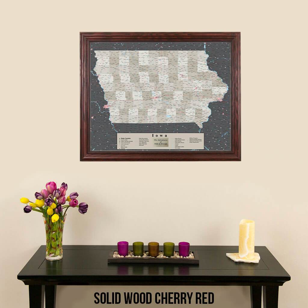 Earth Toned Iowa Push Pin Travel Map with Pins Solid Wood Cherry Frame