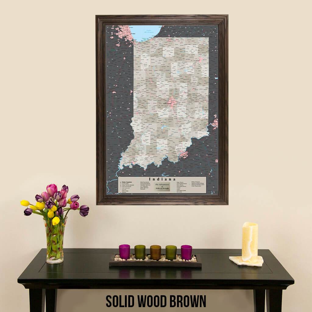 Earth Toned Indiana State Map with Pins Solid Wood Brown Frame