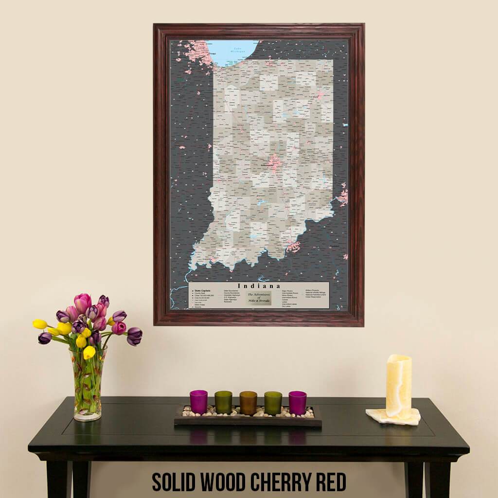 Earth Toned Indiana State Map with Pins Solid Wood Cherry Frame