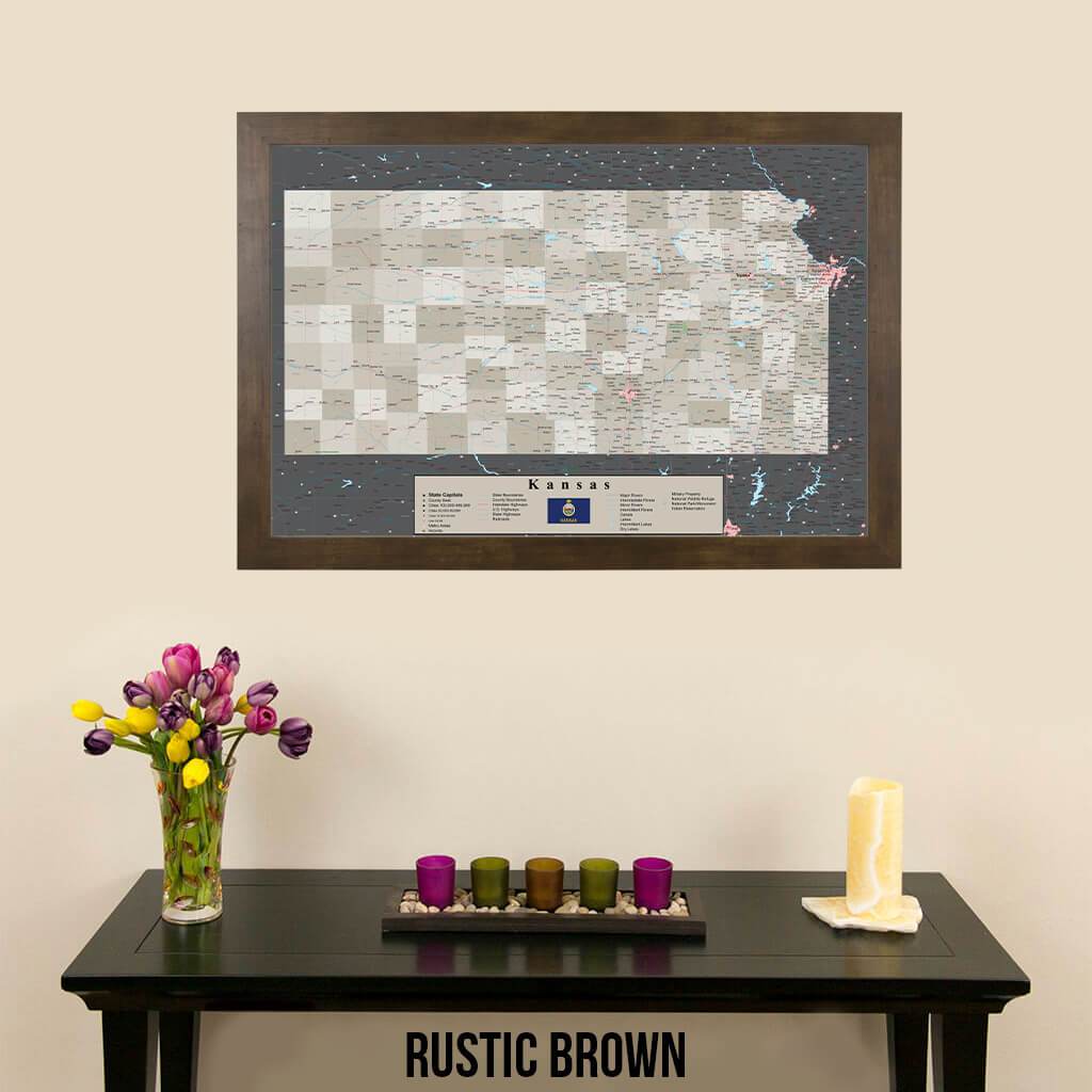 Earth Toned Kansas State Travel Map Rustic Brown Frame