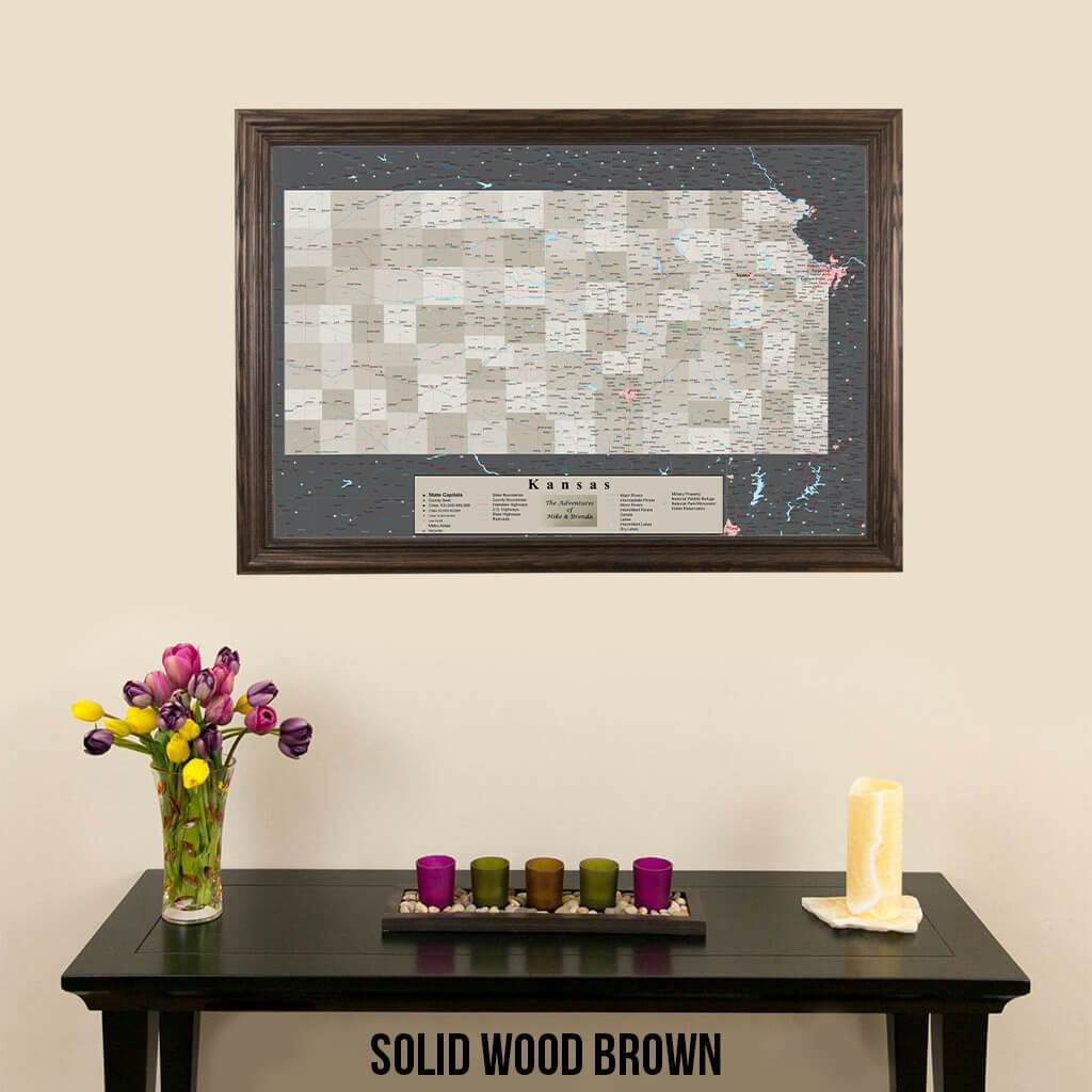 Earth Toned Kansas State Travel Map Solid Wood Brown Frame