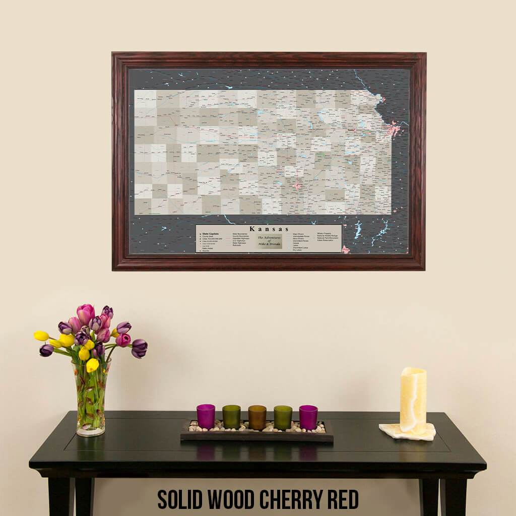 Earth Toned Kansas State Travel Map Solid Wood Cherry Frame