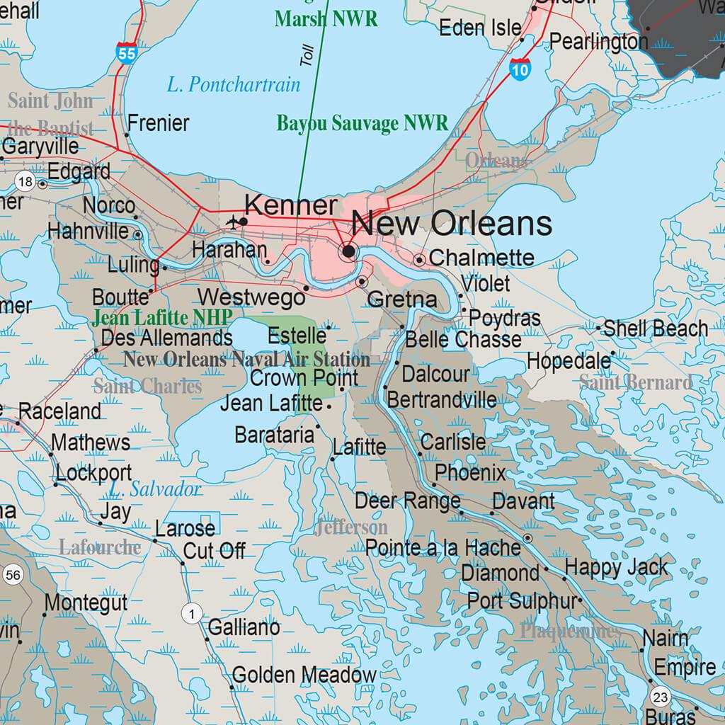 Earth Toned Louisiana Travel Map closeup