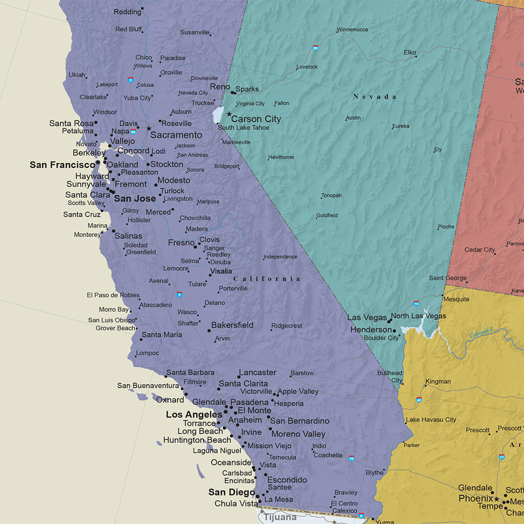 Gallery Wrapped Canvas Tan Oceans USA Map - West Coast Closeup