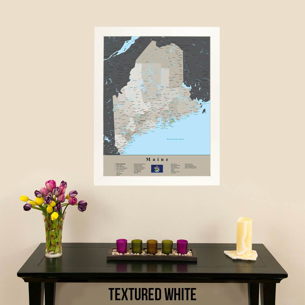 Earth Toned Maine Travel Pin Map Textured White Frame