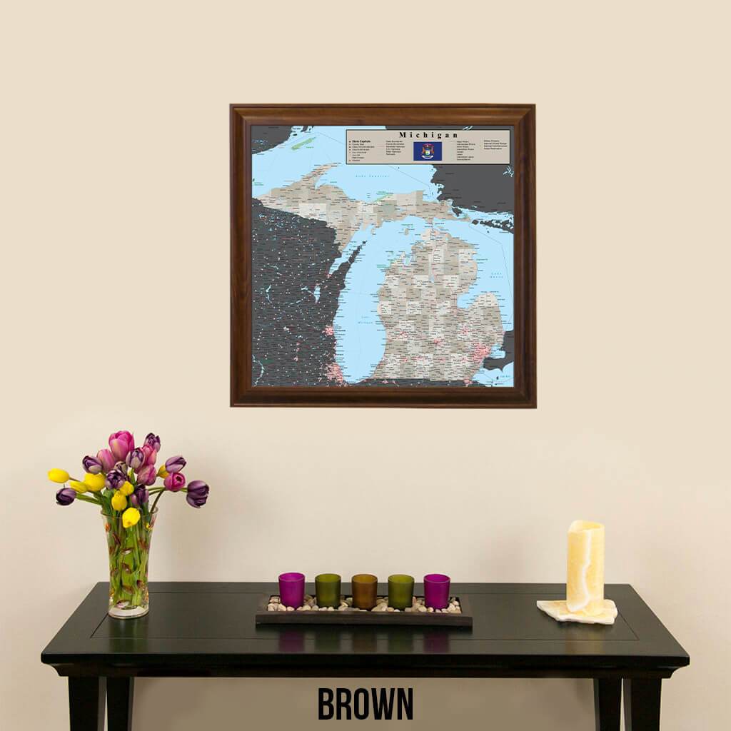 Earth Toned Michigan Travel Map Brown Frame