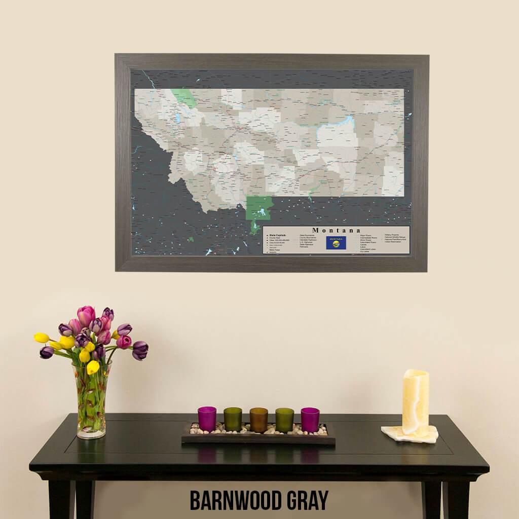 Earth Toned Montana State Push Pin Map Barnwood Gray Frame