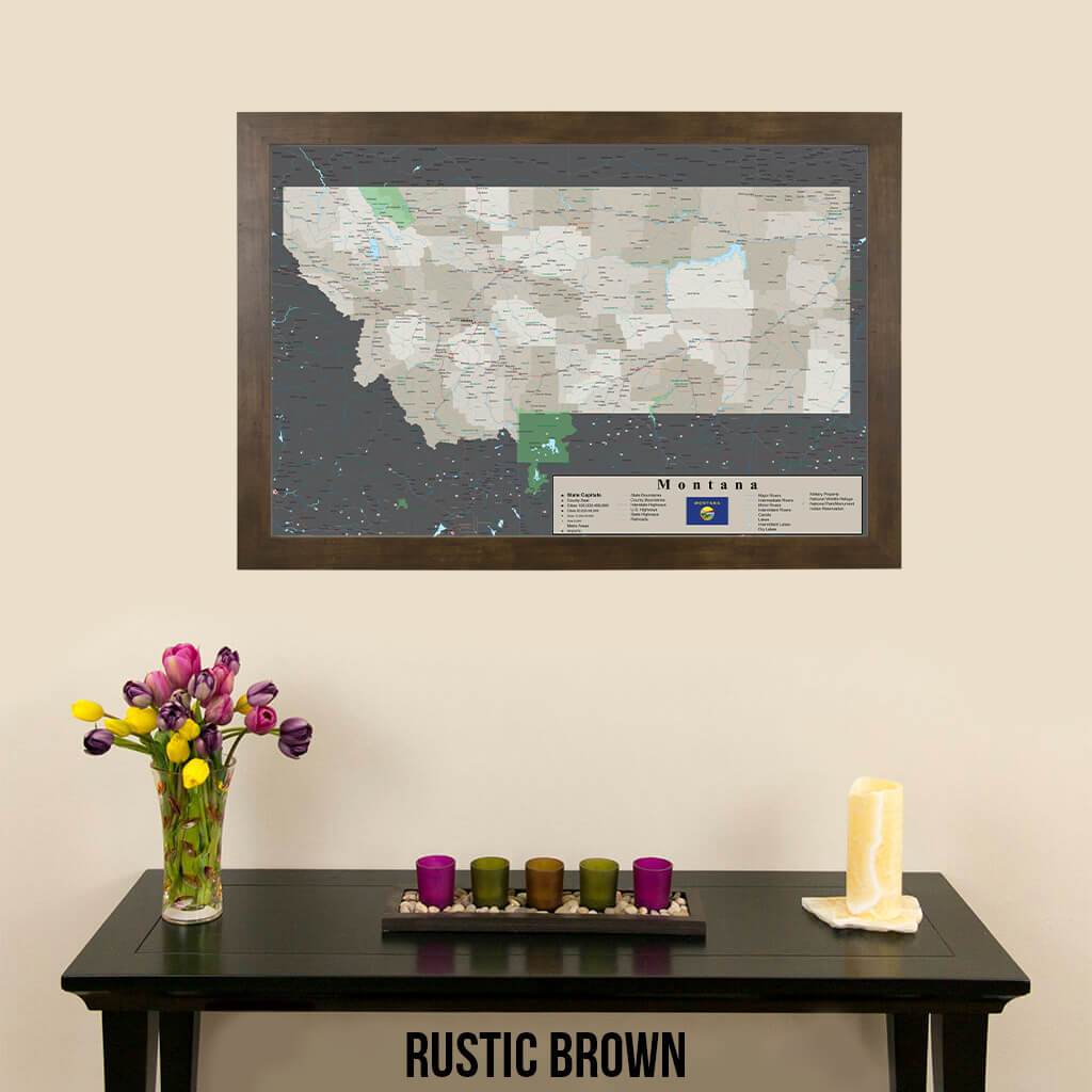 Earth Toned Montana State Push Pin Map Rustic Brown Frame