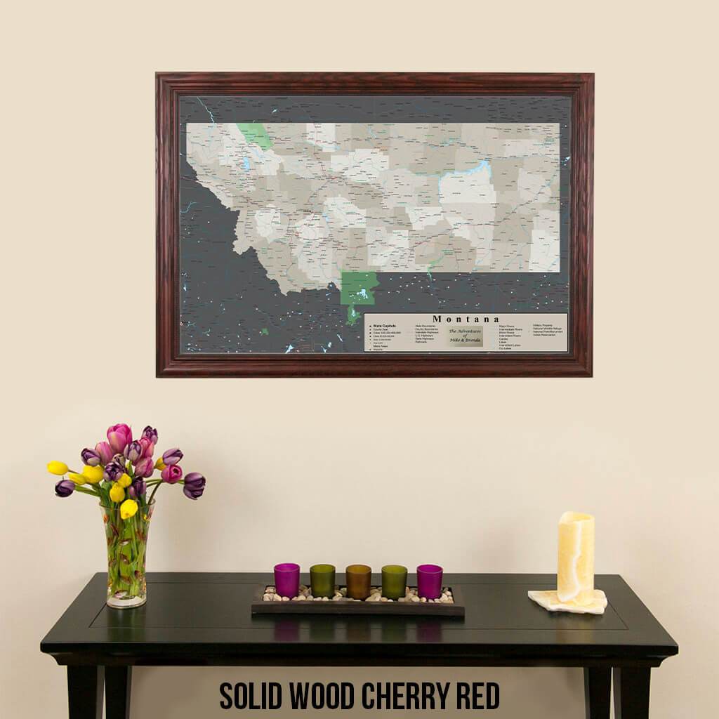 Earth Toned Montana State Push Pin Map Solid Wood Cherry Frame