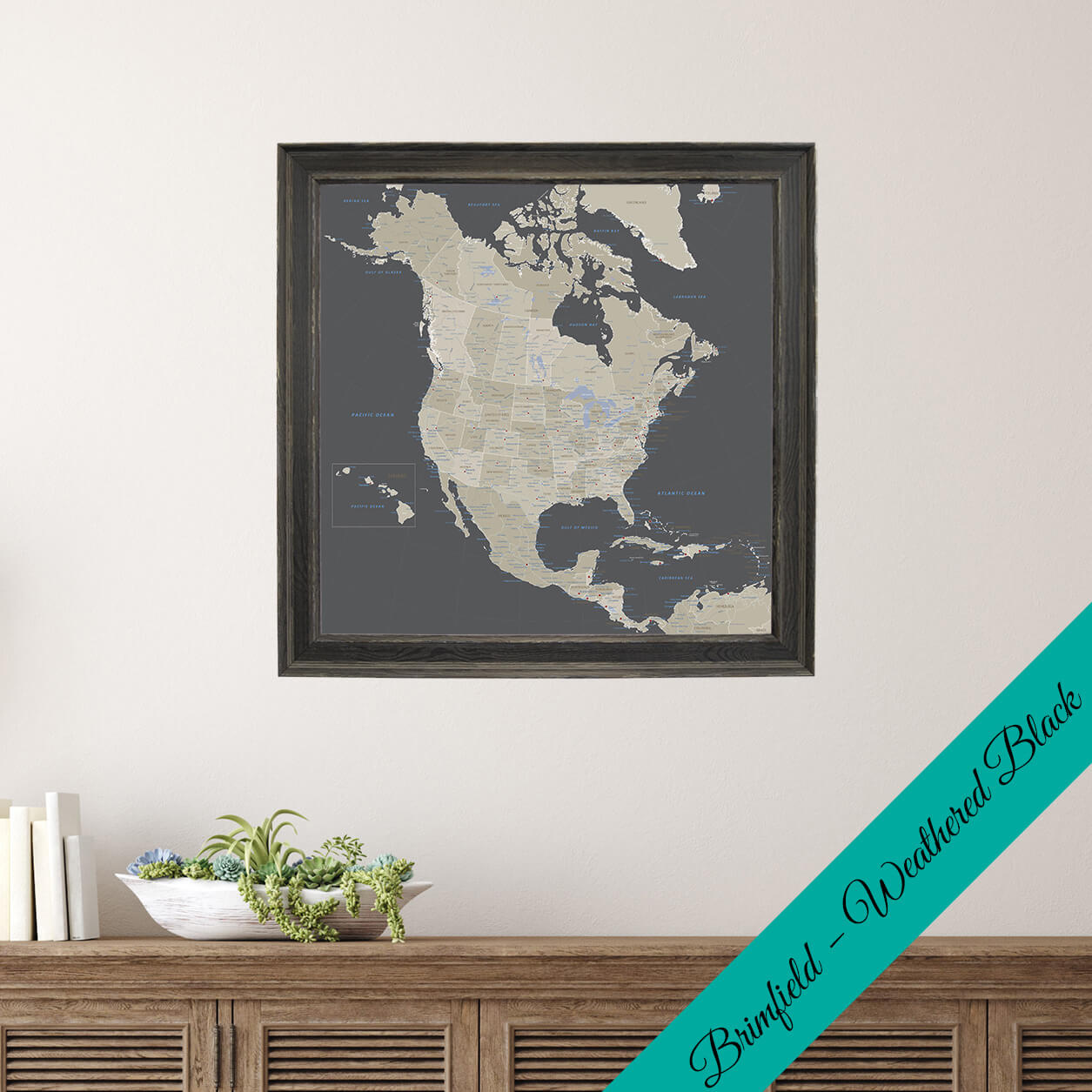 Canvas Earth Toned North America Map in Premium Brimfield Black Frame