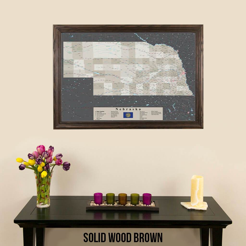 Earth Toned Nebraska State Push Pin Travel Map Solid Wood Brown Frame