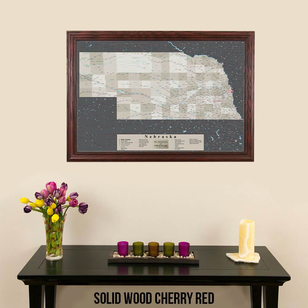 Earth Toned Nebraska State Push Pin Travel Map Solid Wood Cherry Frame