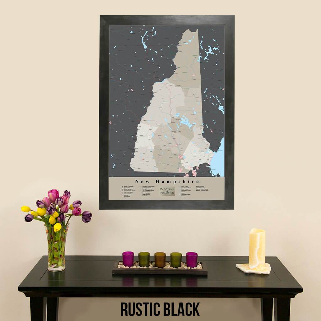 Earth Toned New Hampshire State Travel Pin Map Rustic Black Frame
