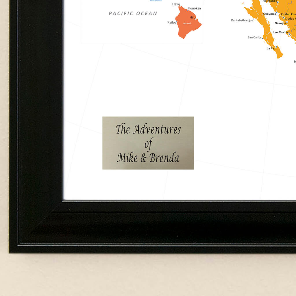 Plaque location and closeup on Colorful North America Push Pin Travel Map