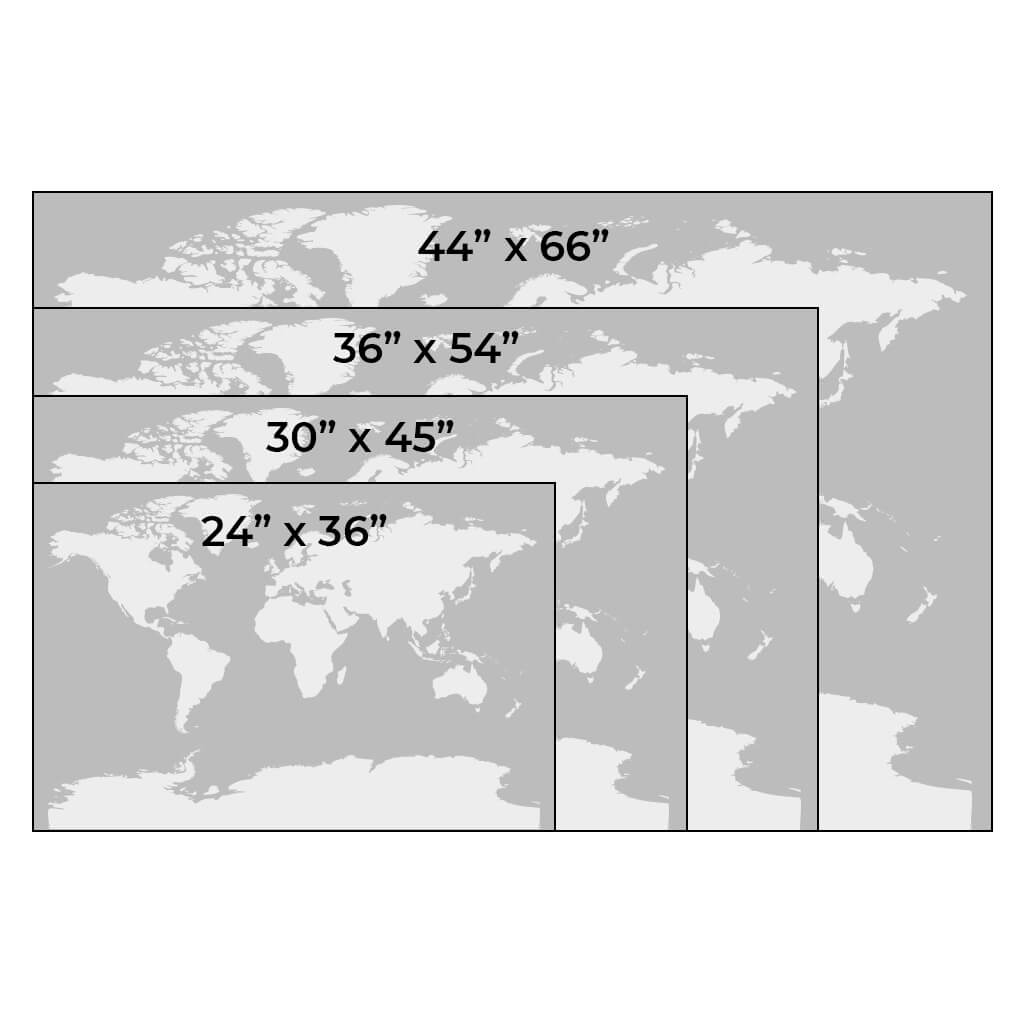 World map canvas poster size comparison chart showing four options 24x36 to 44x66 inches