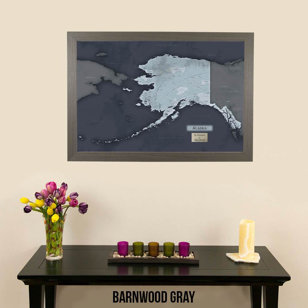 Pinnable Alaska Slate Travelers Map with Barnwood Gray Frame