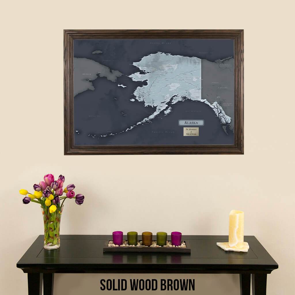 Pinnable Alaska Slate Travelers Map with Solid Wood Brown Frame