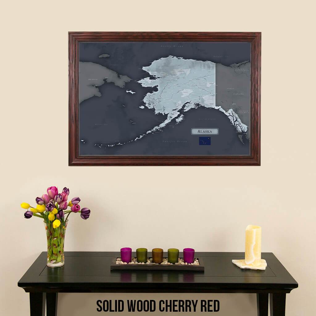 Pinnable Alaska Slate Travelers Map with Solid Wood Cherry Frame