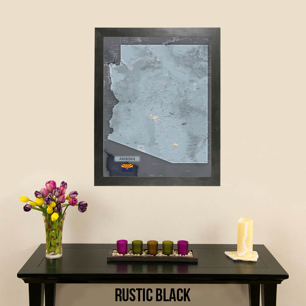 Framed Arizona State Push Pin Travel Map - Rustic Black Frame