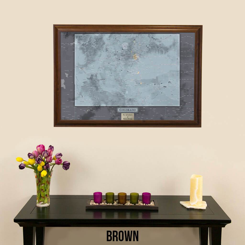 Push Pin Travel Maps Colorado Slate Map in Elegant Brown Frame