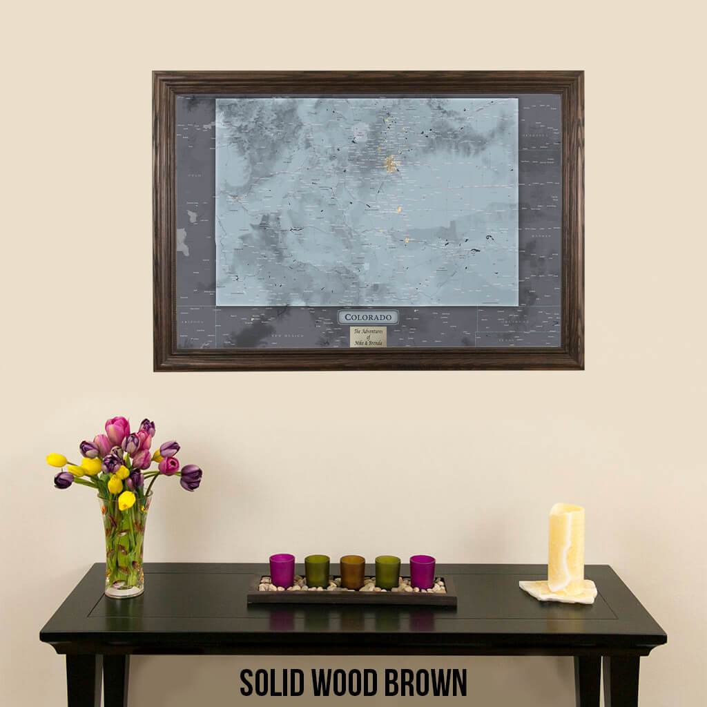 Push Pin Travel Maps Colorado Slate Map with pins Solid Wood Brown Frame