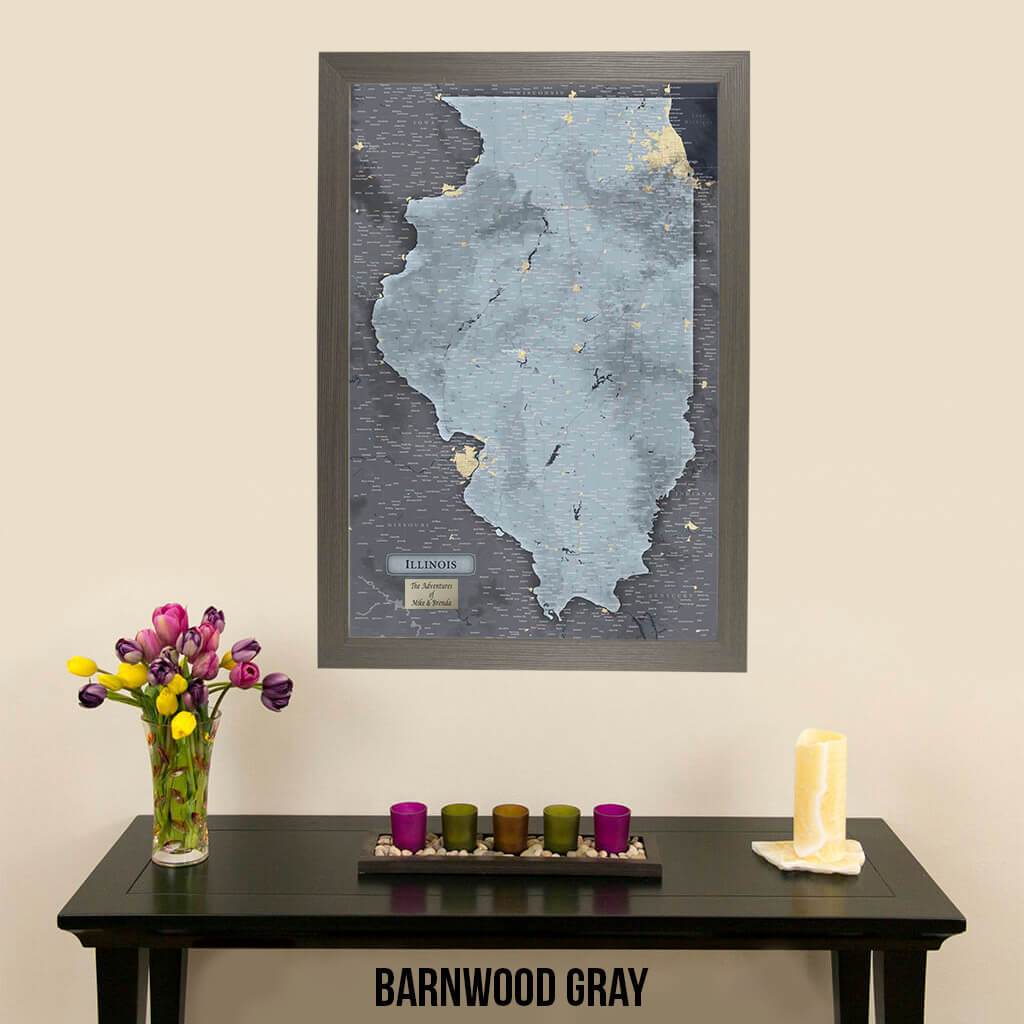 Push Pin Travel Maps Illinois Slate Map with Pins Barnwood Gray Frame