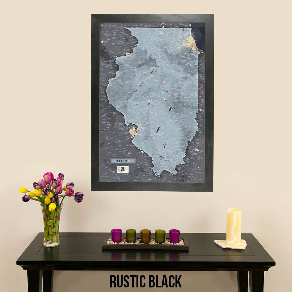 Push Pin Travel Maps Illinois Slate Map with Pins  Rustic Black Frame