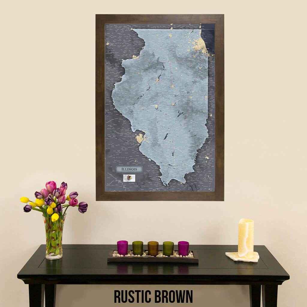 Push Pin Travel Maps Illinois Slate Map with Pins Rustic Brown Frame