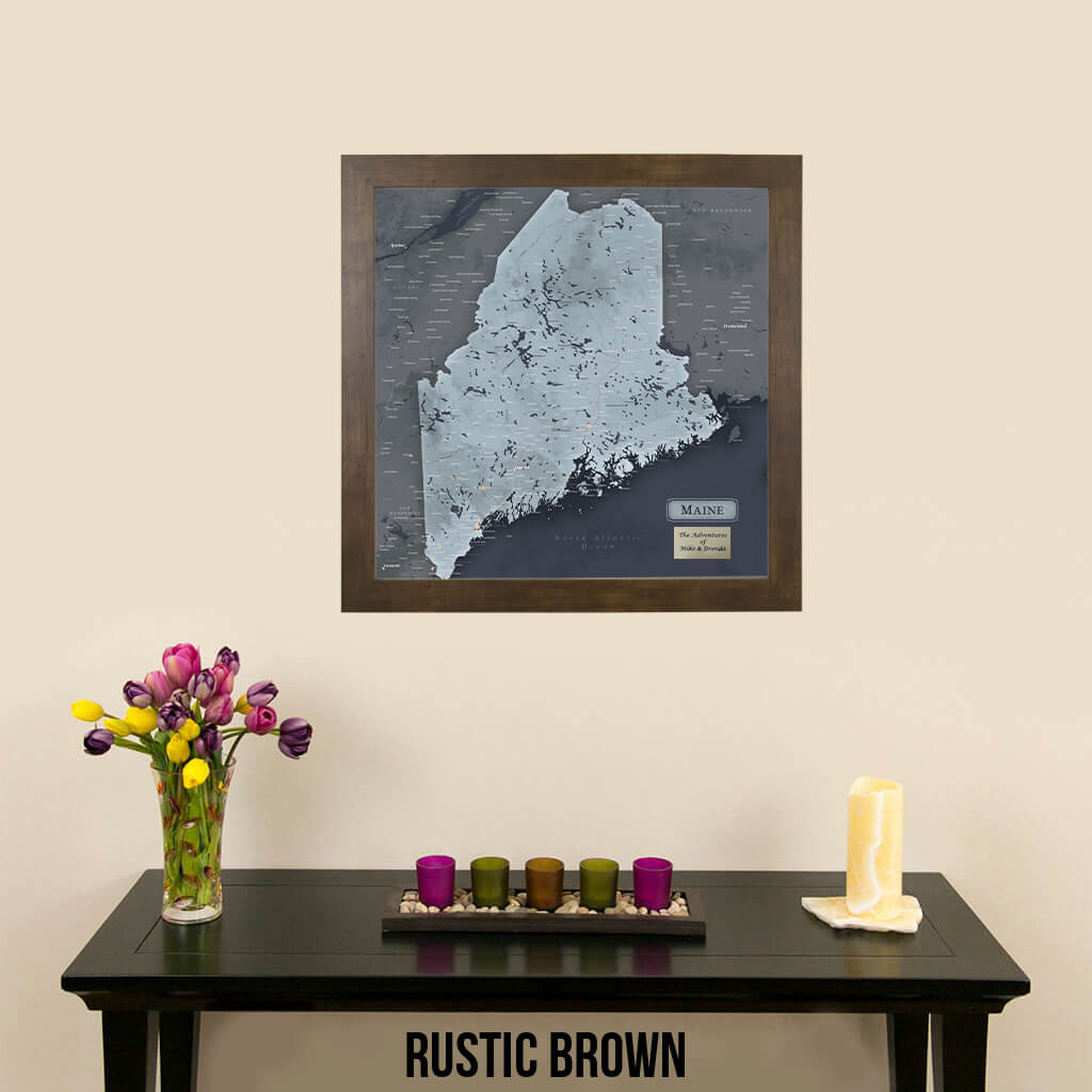 Slate Maine Push Pin Travel Map in Rustic Brown Frame