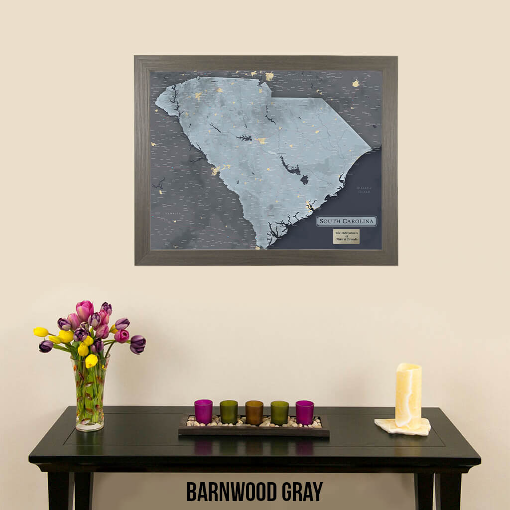 Framed South Carolina Slate Gray Push Pin Travel Map In Barnwood Gray Frame