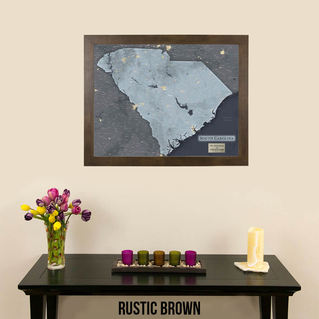 Framed South Carolina Slate Gray Push Pin Travel Map in Rustic Brown Frame