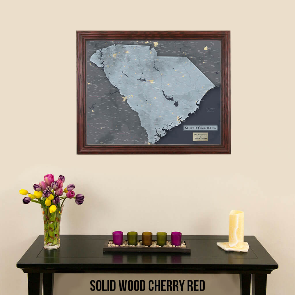 Framed South Carolina Slate Gray Push Pin Travel Map In Solid Wood Cherry Frame