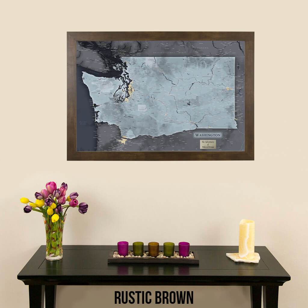Push Pin Travel Maps Washington State Slate Map with Pins Rustic Brown Frame