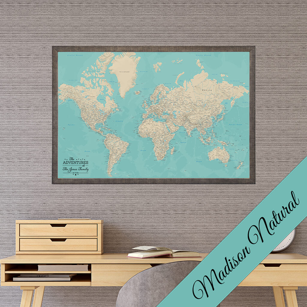 Canvas Teal Dreams World Map in Premium Madison Natural Brown Frame