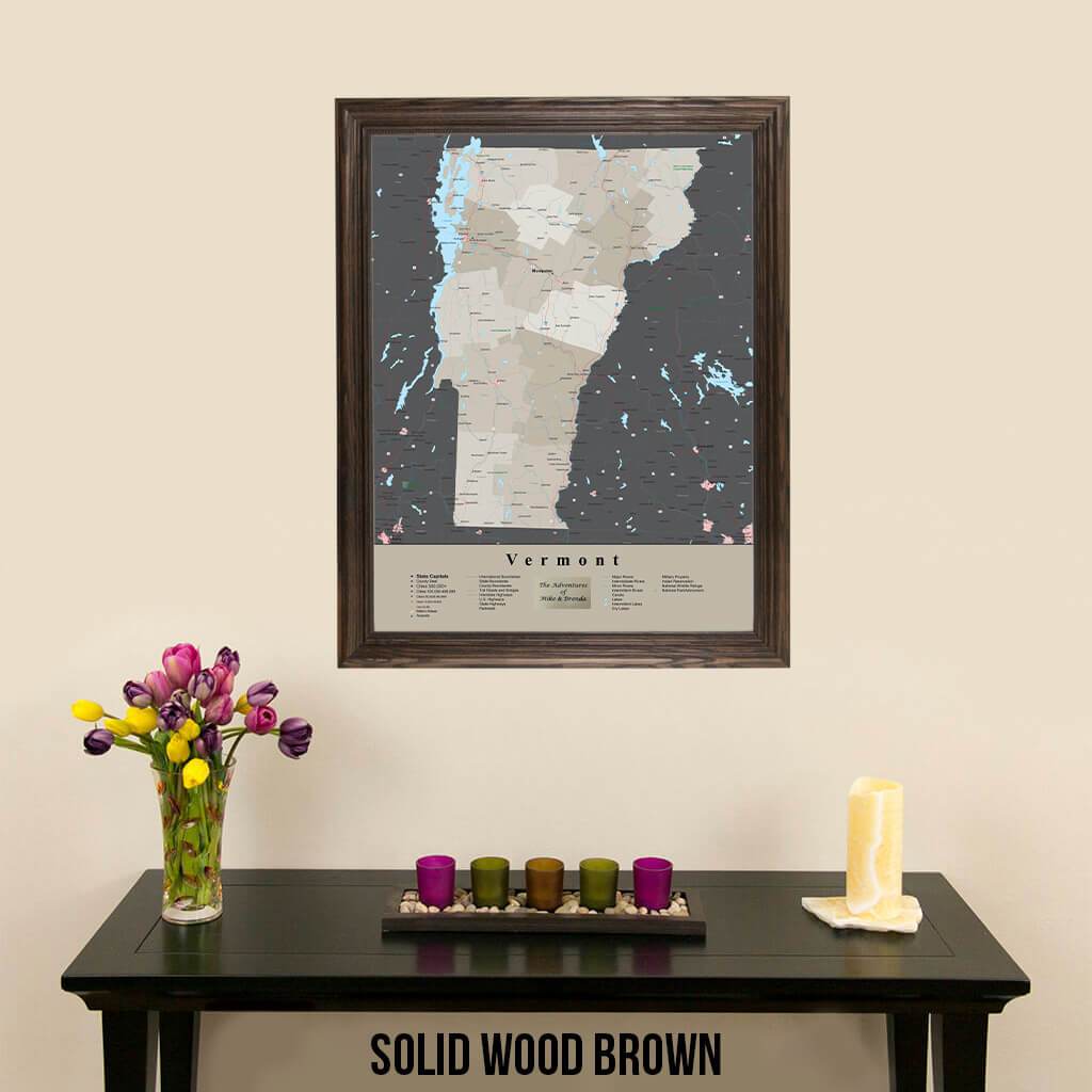 Earth Toned Vermont State Framed Map Solid Wood Brown Frame