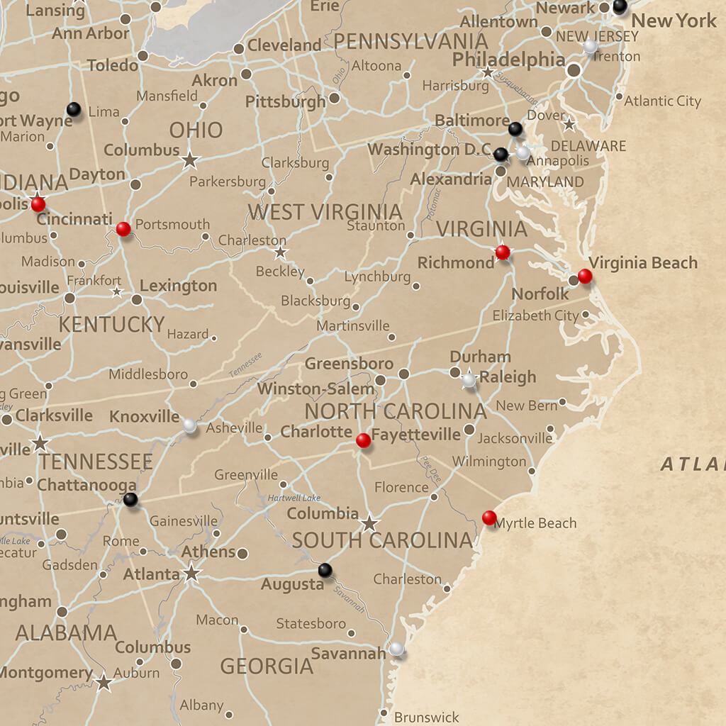 Close Up Vintage USA Canvas Push Pin Map