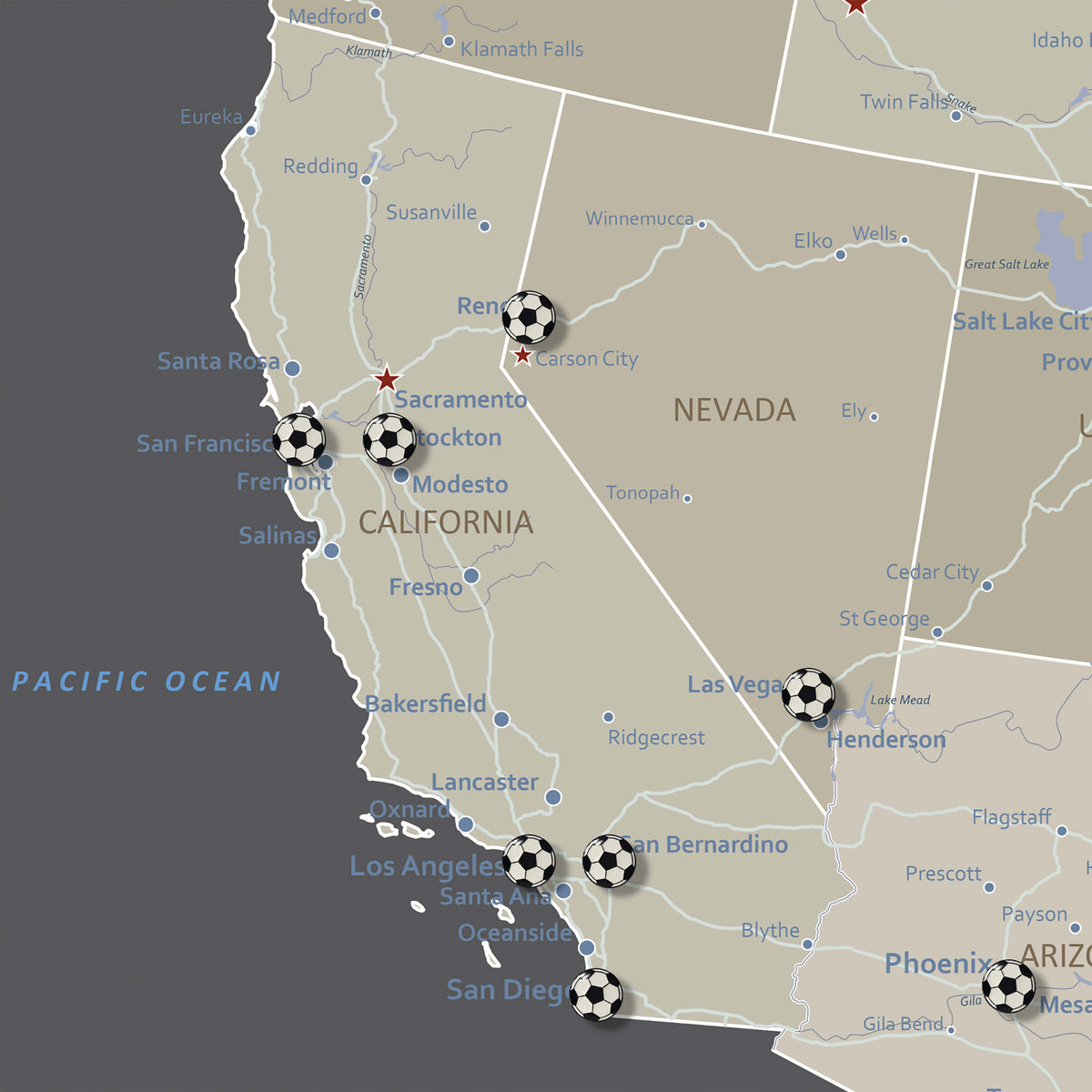 Soccer Ball Push Pins Shown on Earth Toned USA Travel Map - Futbol Push Pins - Futbol alfileres