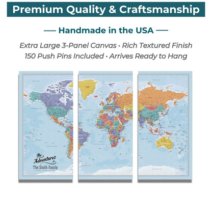 3 Panel - Blue Oceans World Large Travel Map