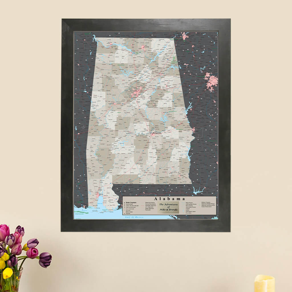 Earth Toned Alabama State Push Pin Travel Map with Push Pins