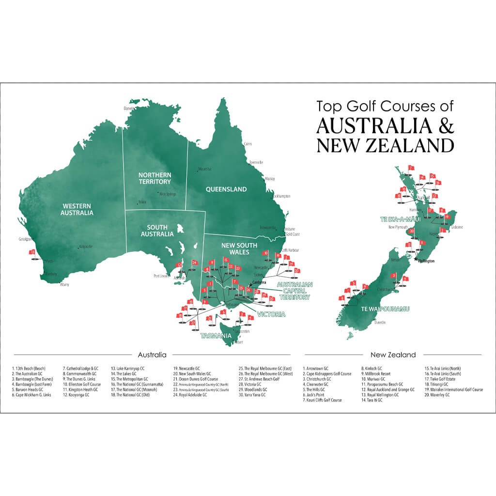 Closeup of Top Golf Courses of Australia and New Zealand Travel Map with Pins