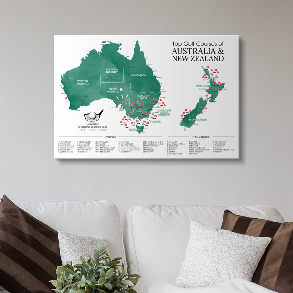 Top Golf Courses of Australia and New Zealand Gallery Wrapped Canvas Map in 24x36 size