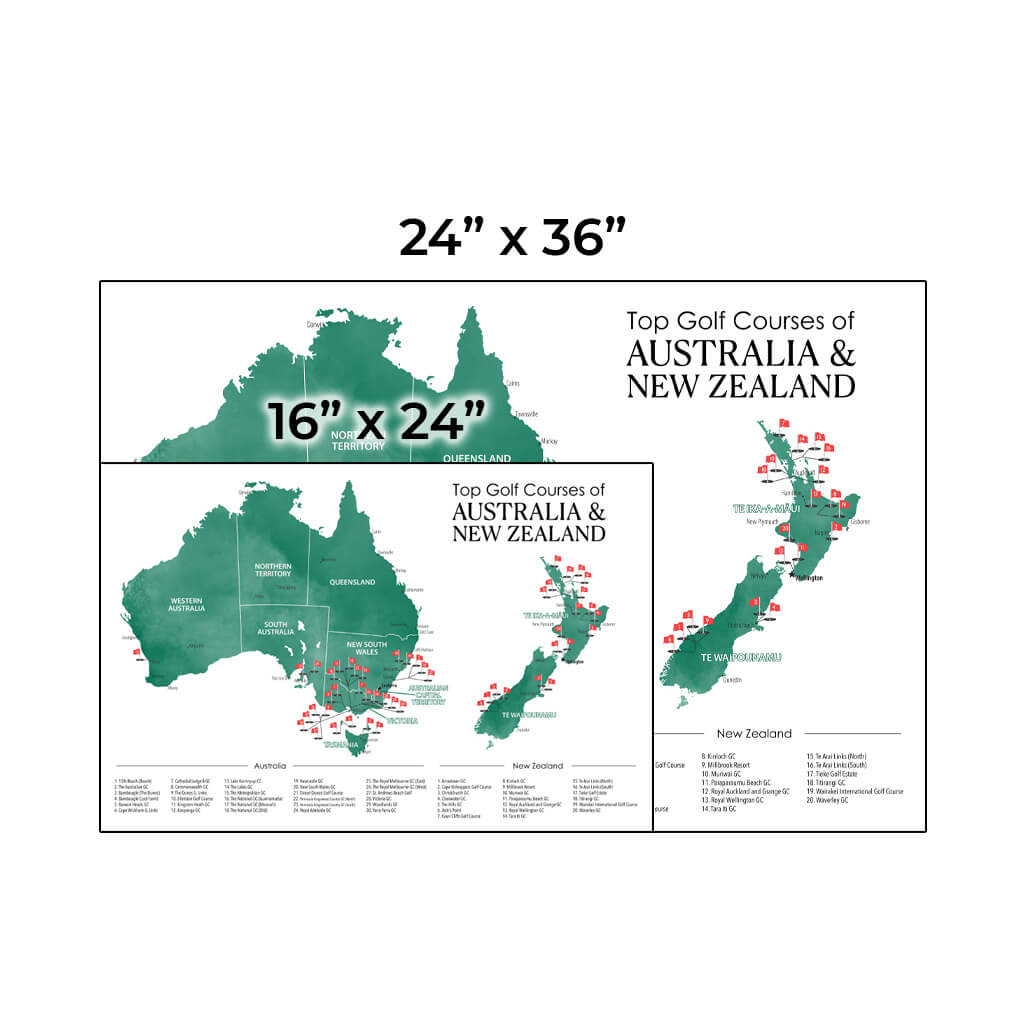 Size Comparison of Australia and New Zealand&#39;s Top Golf Courses Map - Available in a 16&quot; x 24&quot; or 24&quot; X 36&quot; Size, Horizontal Layout